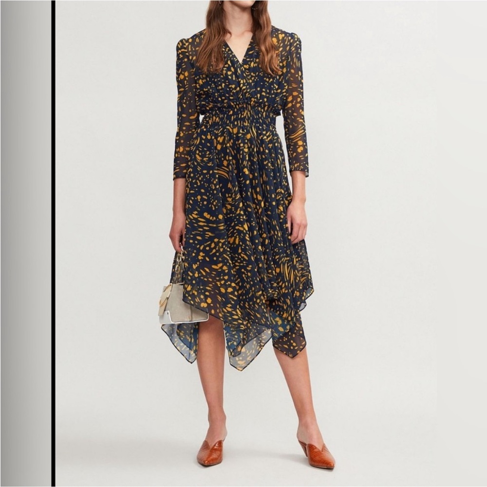 Maje Navy & Yellow Spotted Print Long Sleeve Midi Dress